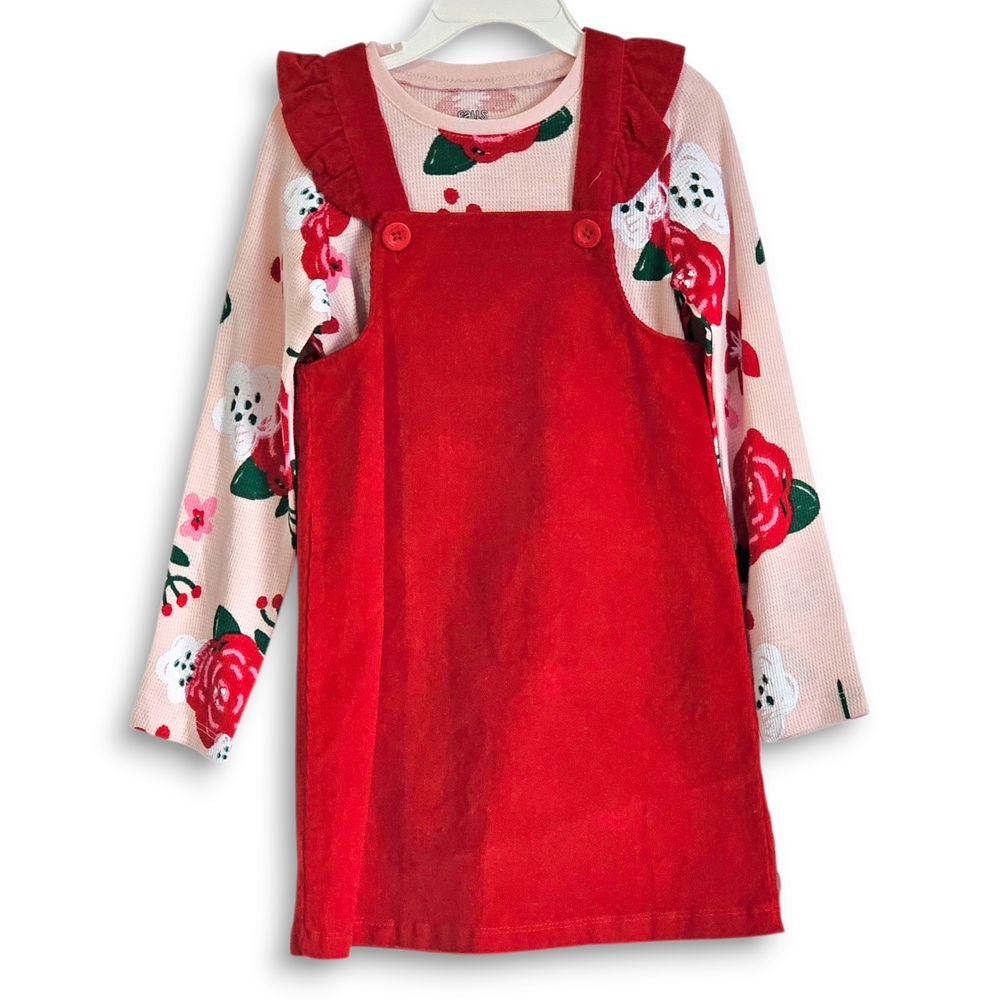 Red Corduroy Pinafore Dress with Floral Long Sleeve